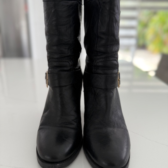 Jimmy Choo DART Black Leather Mid Calf Distressed Boots Block Heel - Picture 3 of 11